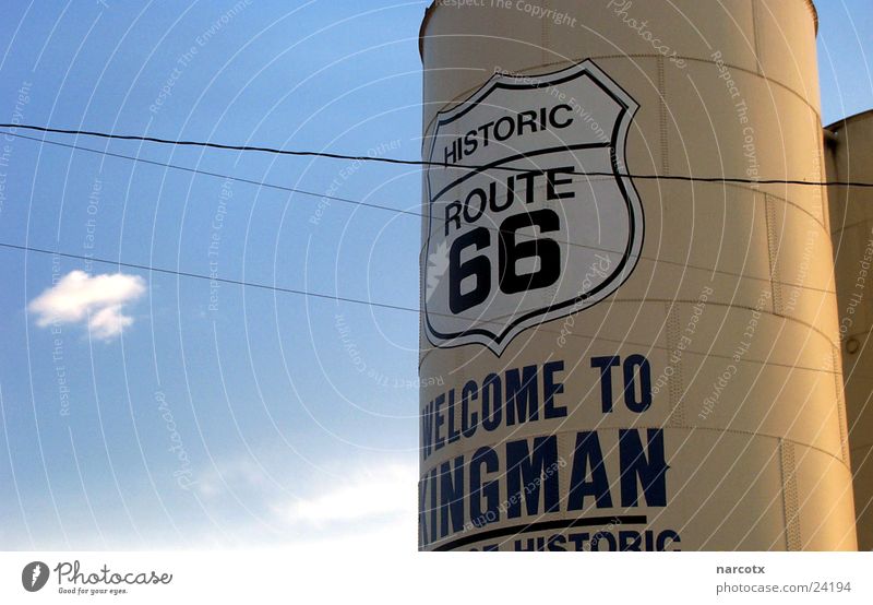 Route 66 South West Americas Containers and vessels Silo USA Direction Blue Partially visible Detail Section of image Latin script English Text