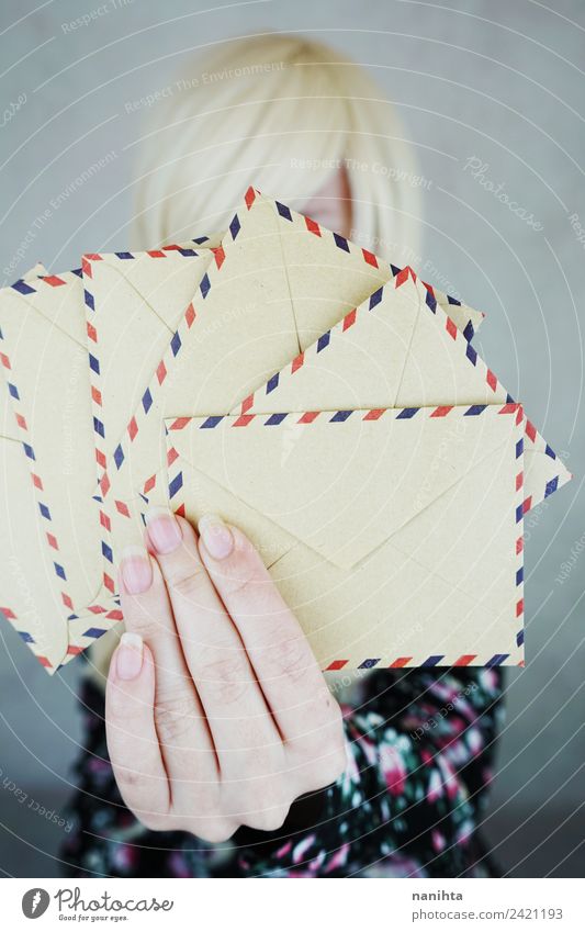 Young woman holding retro paper envelopes Style Design Leisure and hobbies Feasts & Celebrations Valentine's Day Christmas & Advent Mail To talk Human being