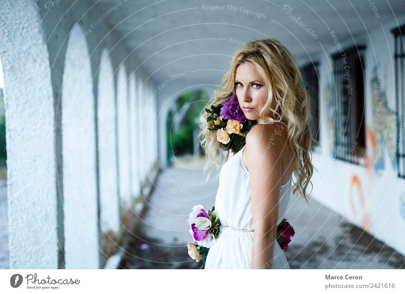 young gorgeous blond Caucasian girl with blue eyes and flowers Attractive Neutral Background Beautiful Blonde Rural Personal hygiene Curly Elegant Eyes Face