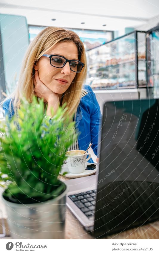 Woman working with the laptop Beautiful Table Work and employment Workplace Business Computer Notebook Internet Human being Adults Plant Blonde Driving Sit