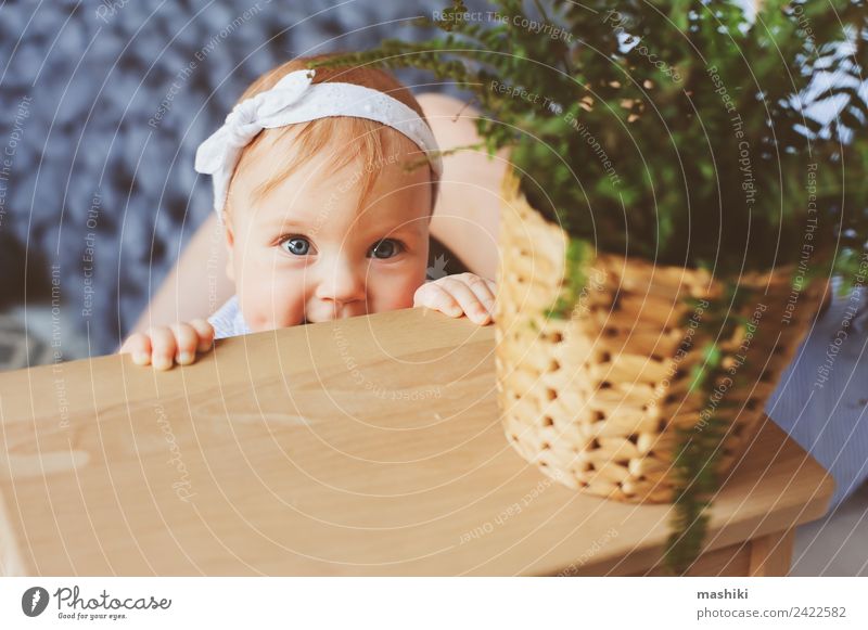 9 month old baby playing in bedroom in the morning Lifestyle Joy Bedroom Baby Family & Relations Infancy Stripe Happiness Cute scandinavian interior calm Home