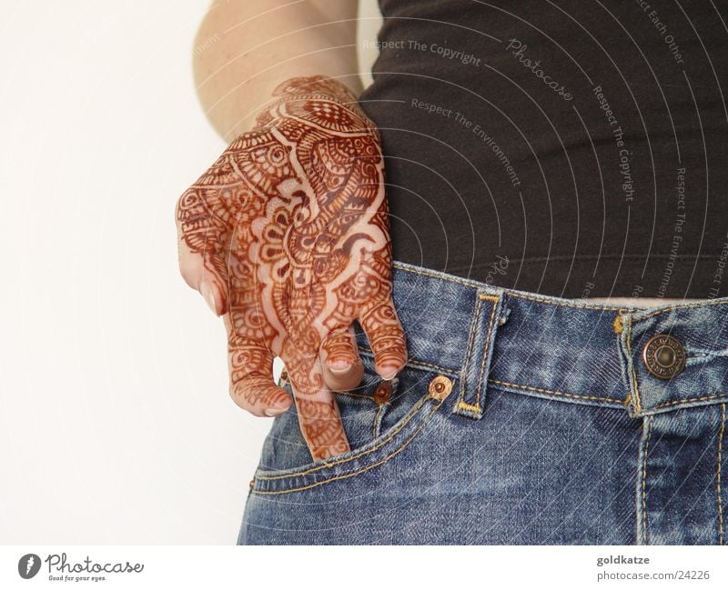 mendhi Style Exotic Beautiful Skin Vacation & Travel Feminine Woman Adults Hand Fingers Jeans Jewellery Tattoo Ornament Hip & trendy Brown Esthetic Identity