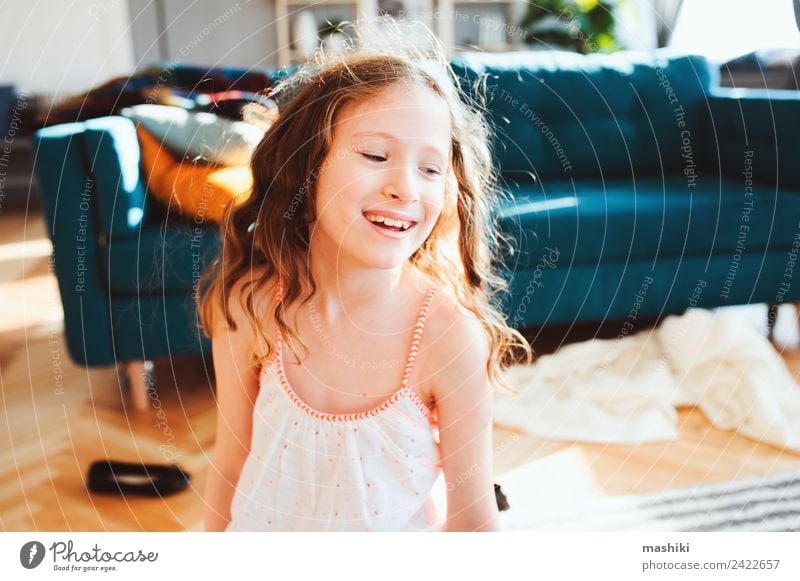 happy child girl playing at home in cozy weekend morning Lifestyle Joy Relaxation Flat (apartment) Child Family & Relations Infancy Smiling Laughter Funny