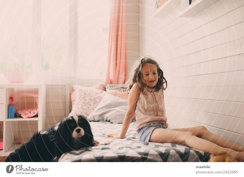 kid girl playing with dog in her room Lifestyle Playing Bedroom Child Toys Authentic Modern Clean Safety (feeling of) Creativity realistic imperfection