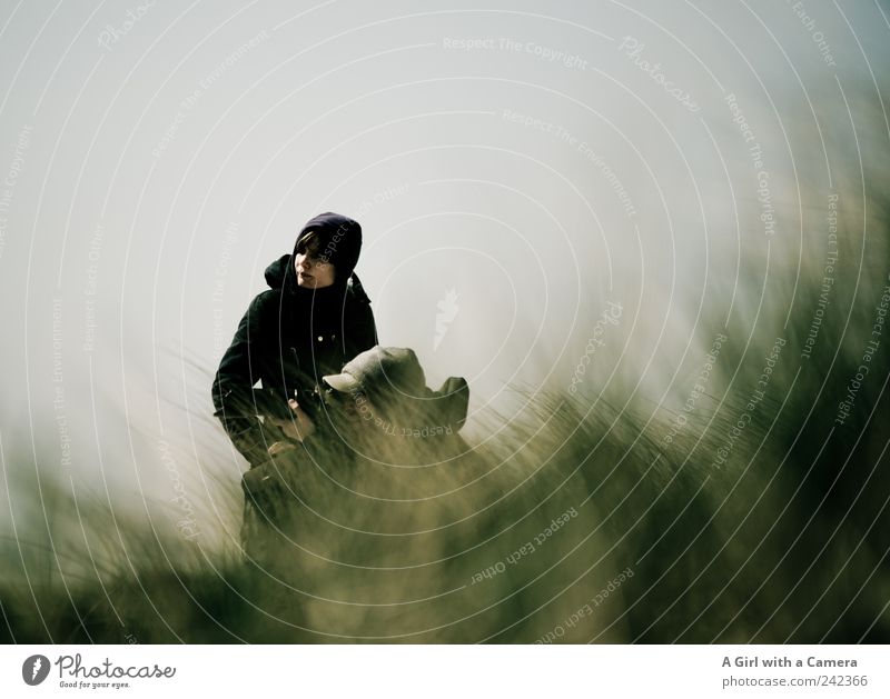 Spiekeroog l ornithology Beach Ocean Young woman Youth (Young adults) Young man 2 Human being Environment Nature Landscape Plant Cloudless sky Grass Dune