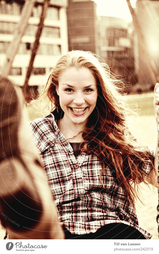 swing! House (Residential Structure) Shirt Boots Hair and hairstyles Brunette Long-haired Movement Flying Smiling Illuminate Romp Feminine Brown Red White