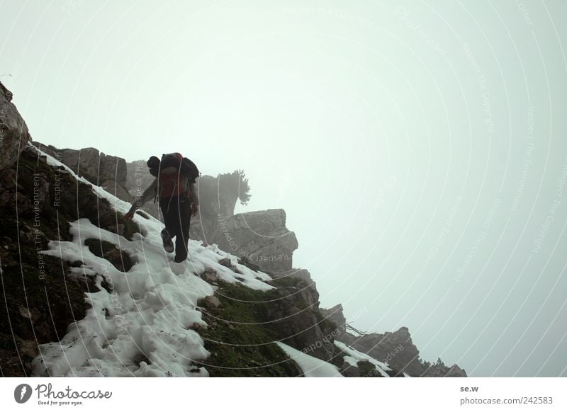 Abandoned by all tourists Freedom Expedition Mountain Hiking 1 Human being Sky Clouds Autumn Bad weather Fog Snow Rock Alps Karwendelgebirge Chalk alps Slope