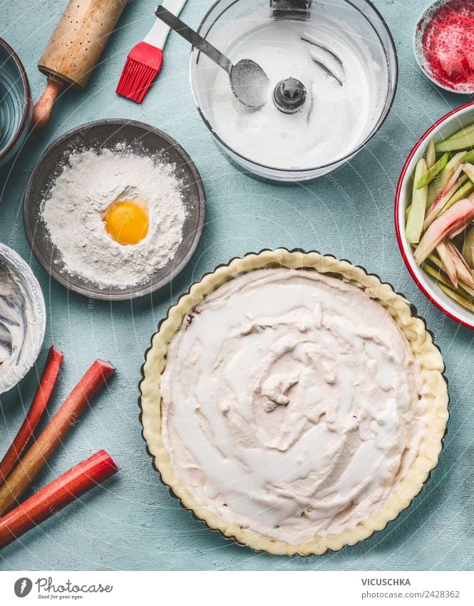 Rhubarb cake preparation on kitchen table Food Cake Nutrition Crockery Style Design Living or residing Kitchen Cooking rhubarb cake tart Flour Egg Baking tin