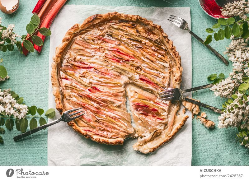 rhubarb cake Food Cake Nutrition Organic produce Crockery Fork Style Design Summer Table Rhubarb Self-made Eating Food photograph Bird's-eye view Colour photo