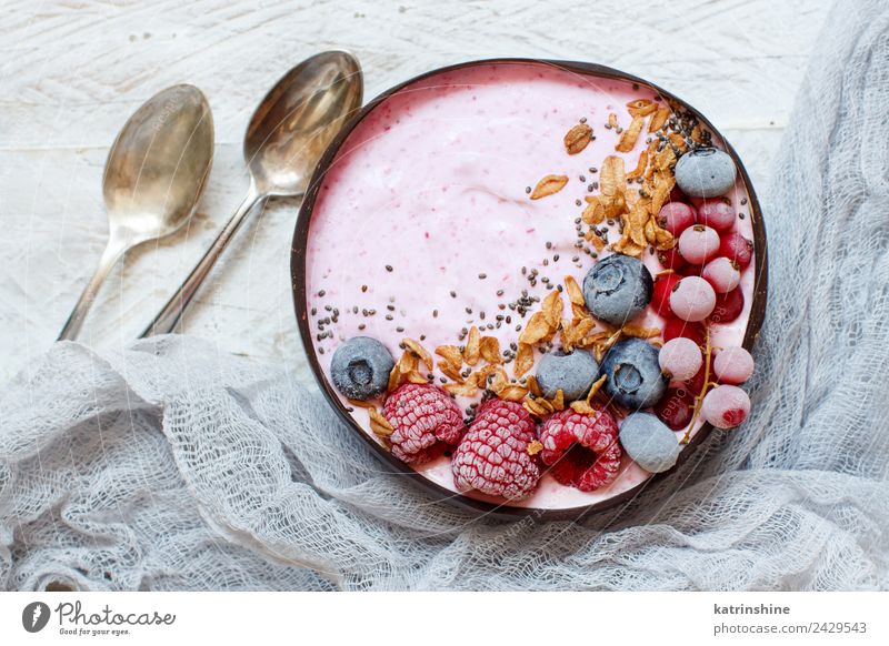 Wild berries smoothie bowls Yoghurt Fruit Dessert Nutrition Breakfast Vegetarian diet Diet Bowl Spoon Summer Fresh Pink Red White background Berries blended