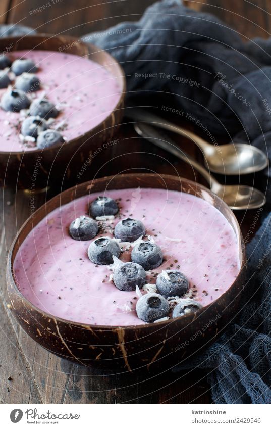 Blueberry smoothie bowls Yoghurt Fruit Dessert Nutrition Breakfast Vegetarian diet Diet Bowl Spoon Summer Fresh Brown Pink Red White background Berries blended