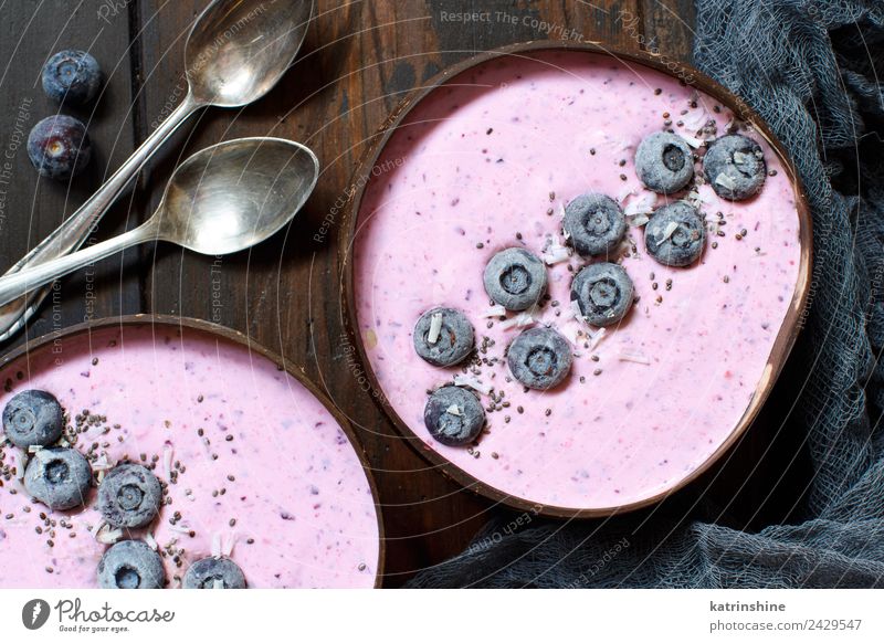 Blueberry smoothie bowls Yoghurt Fruit Dessert Nutrition Breakfast Vegetarian diet Diet Bowl Spoon Summer Fresh Pink Red White background Berries blended chia