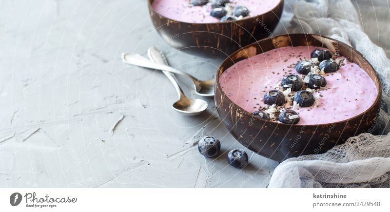 Blueberry smoothie bowls Yoghurt Fruit Dessert Nutrition Breakfast Vegetarian diet Diet Bowl Summer Fresh Gray Pink Red White background Berries blended chia