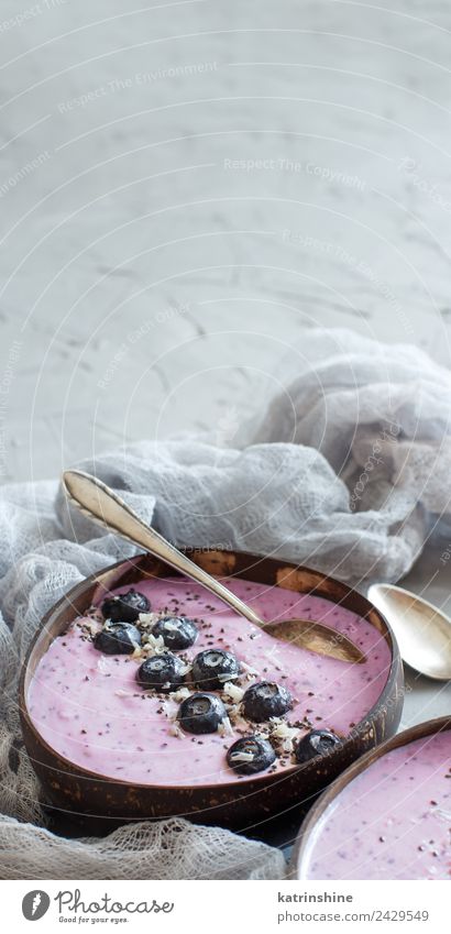 Blueberry smoothie bowls Yoghurt Fruit Dessert Nutrition Breakfast Vegetarian diet Diet Bowl Summer Fresh Gray Pink Red White background Berries blended chia