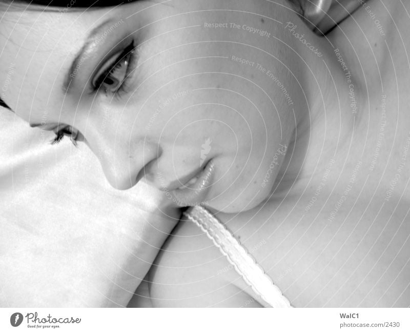 Daydream 01 Woman Underwear Lascivious Black White Portrait photograph Bed Bolster Laundry Lady Black & white photo erotic. erotic. décolleté Neck Face Looking