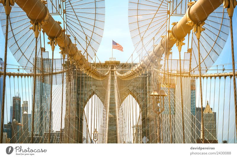 Brooklyn Bridge towers with Manhattan skyline on background Vacation & Travel Tourism Summer Sun Landscape Sky River Downtown Skyline High-rise Building