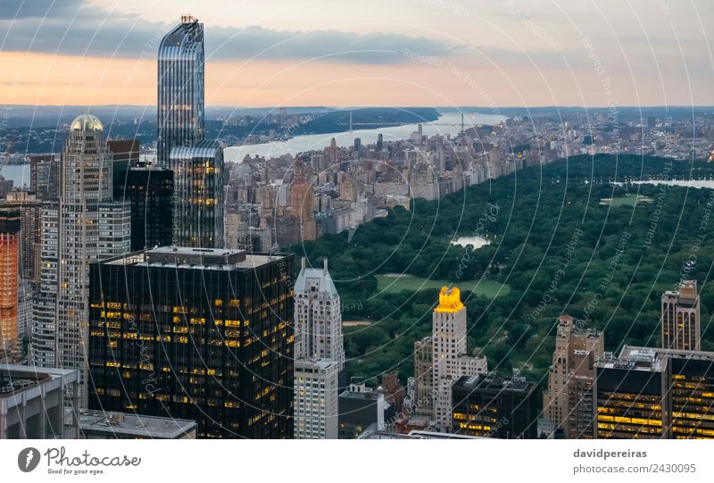 Aerial view of Central Park at dusk in Manhattan, New York City Relaxation Vacation & Travel Tourism Sightseeing Summer Landscape Sky Downtown Skyline High-rise