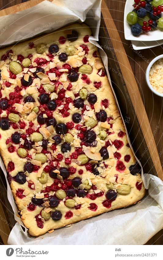 Cake with Berries and Coconut Flakes Fruit Dessert Fresh food sweet Gooseberry Blueberry Redcurrant flake Baking Home-made seasonal Snack brunch overhead