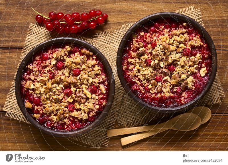 Redcurrant Crumble Fruit Dessert Fresh Natural food sweet crumble Crisp nut walnut oat oatmeal Baking Home-made seasonal Berries Snack Rustic wood overhead