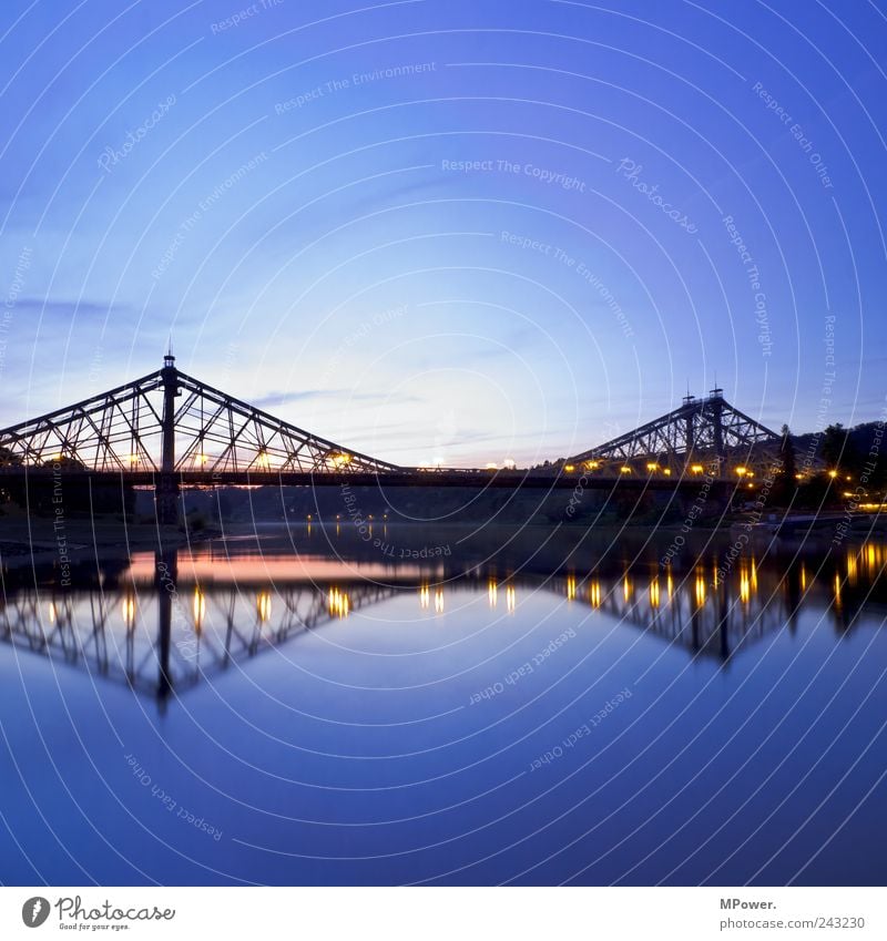 Blue miracle Calm Lamp Water Sky River bank Bridge Symmetry Elbe Contour Dusk Dresden Saxony World heritage Traverse Square Tourist Attraction Steel carrier