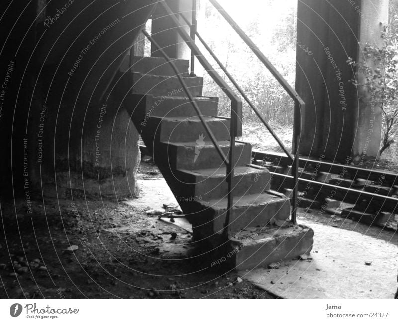 veteran Nostalgia Ruin Concrete Railroad tracks Mine Architecture Stairs Industrial Photography Black & white photo