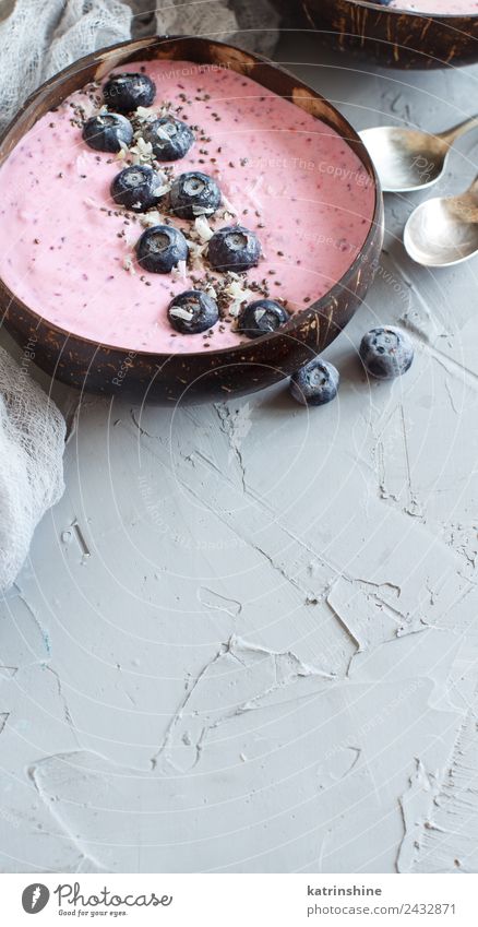 Blueberry smoothie bowl Yoghurt Fruit Dessert Nutrition Breakfast Vegetarian diet Diet Bowl Summer Fresh Gray Pink Red White background Berries blended chia