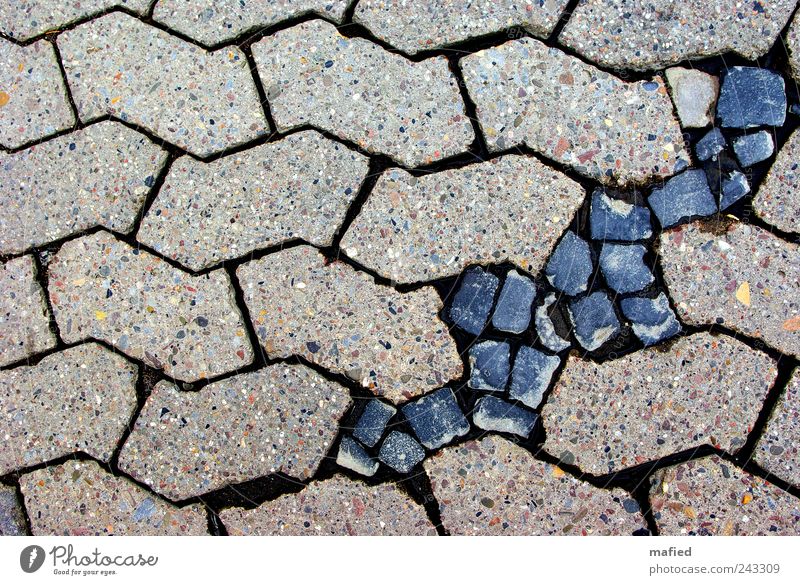 wound healing Paving stone Cobbled pathway Construction site Street Lanes & trails Stone Concrete Blue Gray Black Arrangement Symmetry Perfect Breakage Gap