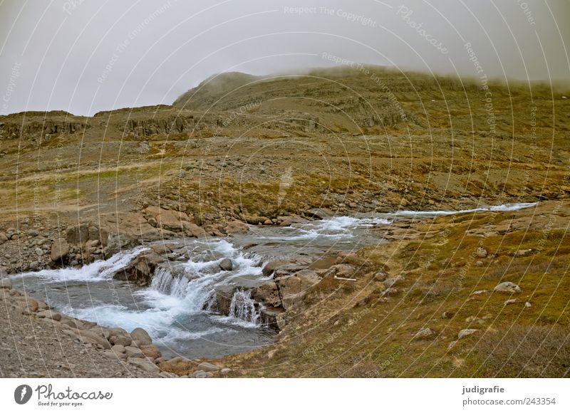 Iceland Environment Nature Landscape Elements Earth Water Sky Clouds Hill Rock Mountain River bank Brook Westfjord Natural Wild Moody Loneliness Calm Flow