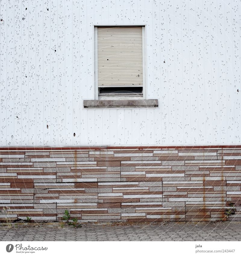 façade Wall (barrier) Wall (building) Facade Window Roller shutter Brick Gloomy Brown Gray White Decline Colour photo Exterior shot Deserted Copy Space left