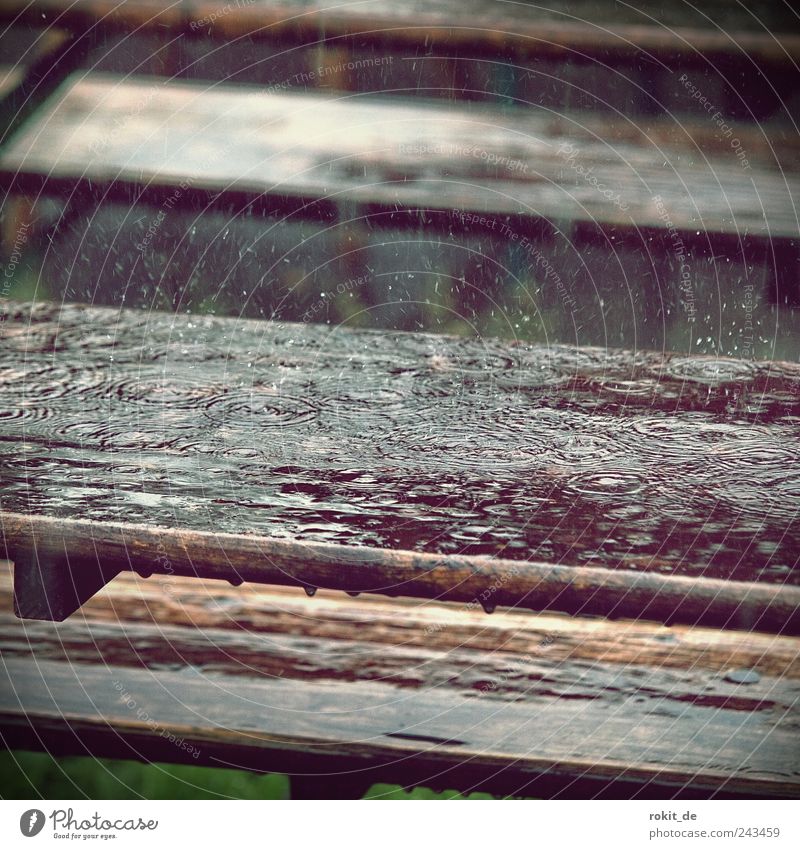 summer feeling Table Wood To fall Wet Apocalyptic sentiment Vacation & Travel Beer garden Rainwater Drops of water Dripping Comfortless Water Weather Gloomy