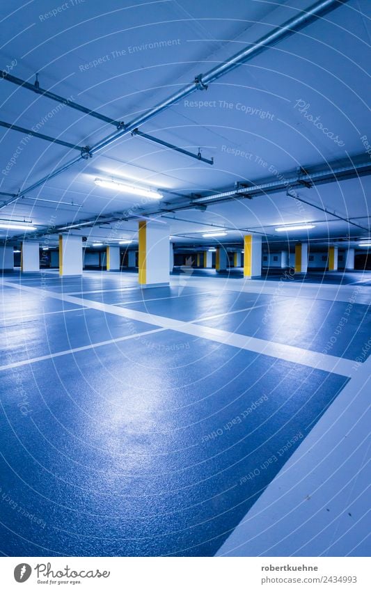 Empty multi-storey car park with yellow columns Parking garage Building Architecture Wall (barrier) Wall (building) Transport Motoring Modern Clean Blue