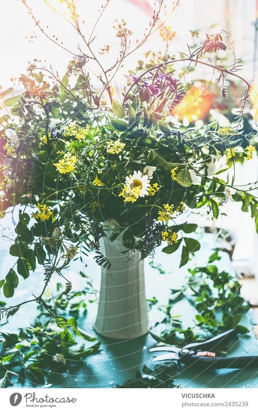 Bouquet of wild flowers on the table at the window Lifestyle Style Design Summer Living or residing Flat (apartment) House (Residential Structure) Dream house