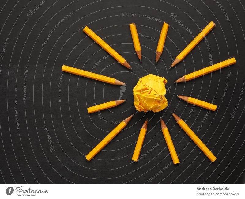 Teamwork pens paper ball Blackboard Office work Workplace Business Stationery Paper Piece of paper Pen Yellow Energy Success Idea Innovative Inspiration