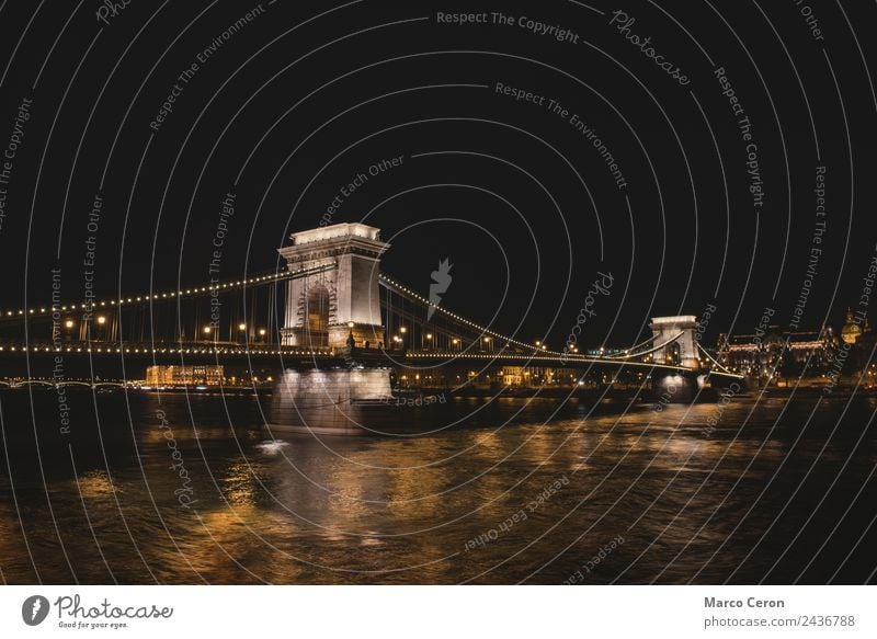 Night scene of The Chain Bridge in Budapest Vacation & Travel Art Landscape River Small Town Capital city Skyline Tower Architecture Tourist Attraction Monument