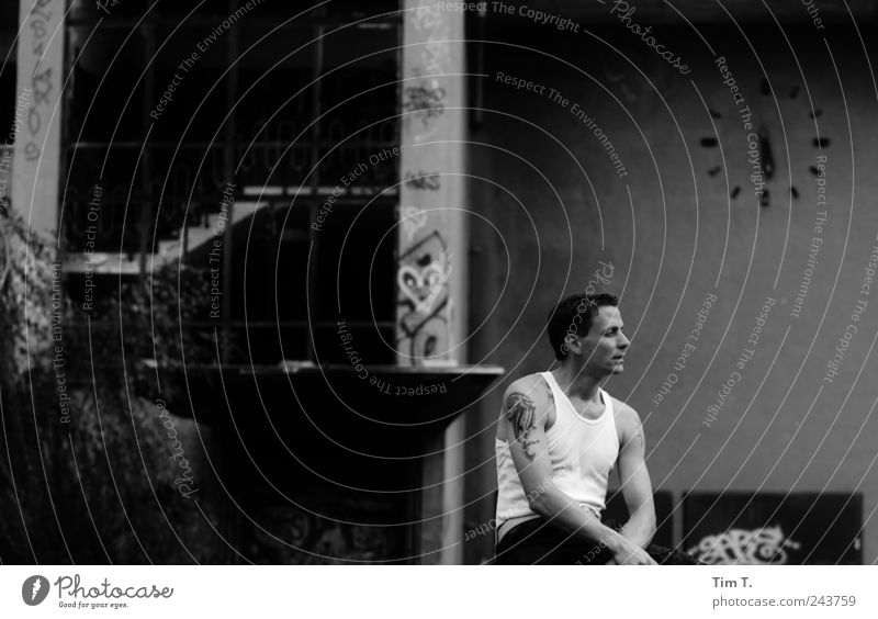 Man and time Human being Masculine Young man Youth (Young adults) 1 18 - 30 years Adults Stagnating Ruin Black & white photo Exterior shot Day Looking away