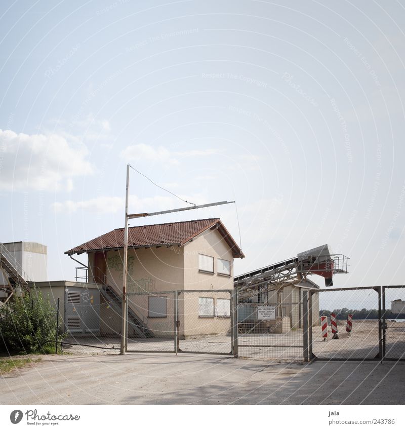 gravel plant Sky House (Residential Structure) Industrial plant Manmade structures Building Architecture Fence Gate Gloomy Colour photo Exterior shot Deserted