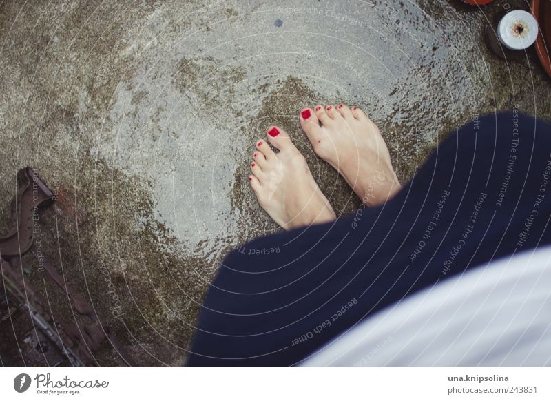 rain.summer|summer.rain Nail polish Feminine Woman Adults Feet 1 Human being Environment Weather Bad weather Rain Balcony Terrace Skirt Stand Wet Red Glittering