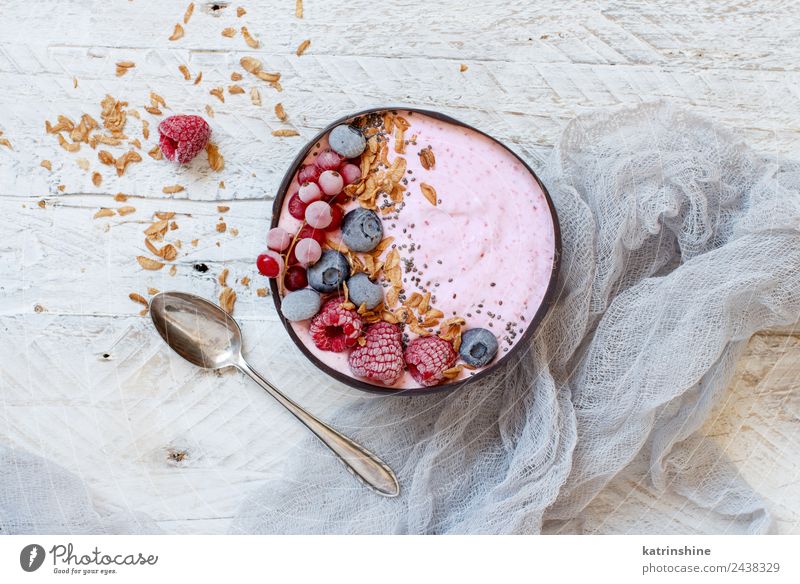 Wild berries smoothie bowl Yoghurt Fruit Dessert Nutrition Breakfast Vegetarian diet Diet Bowl Spoon Summer Fresh Pink Red White background Berries blended chia