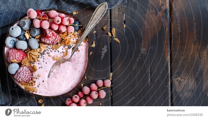 Wild berries smoothie bowl Yoghurt Fruit Dessert Nutrition Breakfast Vegetarian diet Diet Bowl Spoon Summer Fresh Pink Red White background Berries blended chia