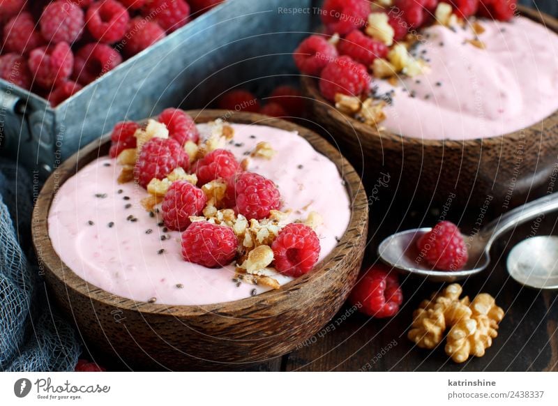 Raspberries smoothie bowls Yoghurt Fruit Dessert Nutrition Breakfast Vegetarian diet Diet Bowl Spoon Summer Fresh Pink Red White background Berries blended chia