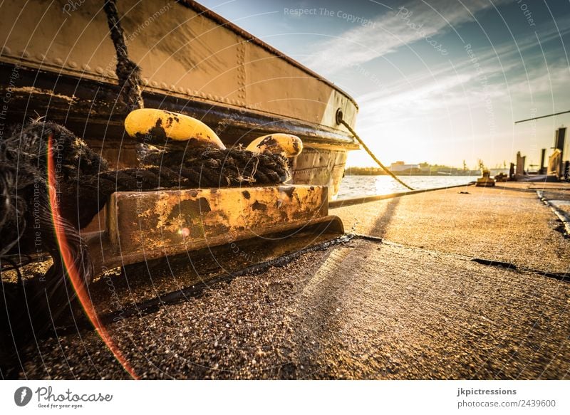 Landing place at sunset Hamburg Europe Germany Northern Germany Bright Romance Idyll Calm Blue Sky Clouds Watercraft Rope Sun Sunset Elbe Pontoon Jetty