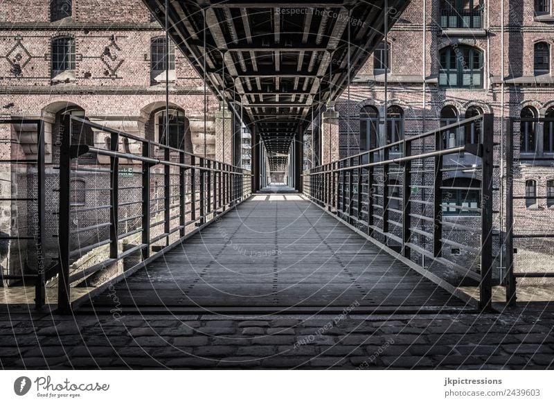 Speicherstadt pedestrian bridge Twilight Evening Sunset Light Romance Brick Old warehouse district Hamburg Germany World heritage Night shot