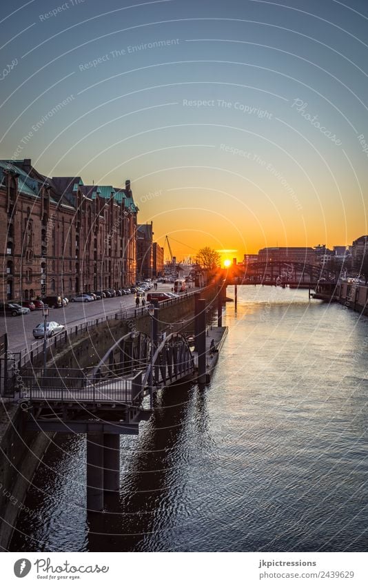 Hamburg Speicherstadt Spring Sunset Twilight Evening Light Romance Brick Old warehouse district Germany World heritage Water Blue sky Cloudless sky Night shot