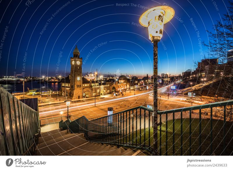 Hamburg Landungsbrücken long time exposure sunset Europe Germany Blue Yellow White Dark Red Long exposure Tracer path Stairs Transport Harbour Water Watercraft