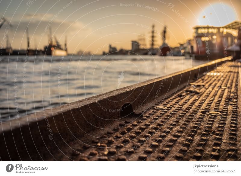 Hamburg Landing bridges at sunset Twilight Evening Sunset Romance Landungsbrücken Germany Water Blue sky Clouds Tree House (Residential Structure) Harbour