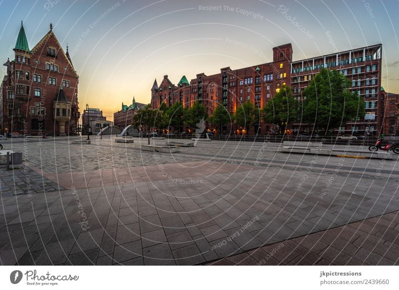 Hamburg Speicherstadt at sunset Twilight Evening Sunset Light Lighting Romance Brick Old warehouse district Germany World heritage Water Blue sky Cloudless sky