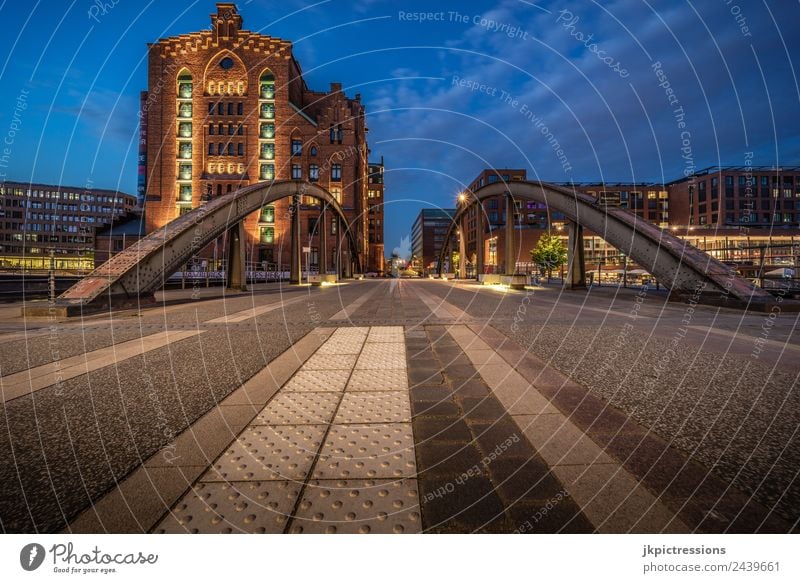 Hamburg International Museum Hamburg Night Evening Dark Light Lighting Romance Brick Old warehouse district Germany World heritage Reflection Blue sky