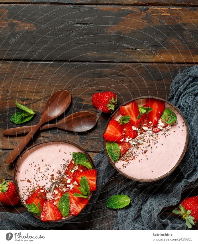 Strawberry smoothie bowls Yoghurt Fruit Dessert Nutrition Breakfast Vegetarian diet Diet Bowl Spoon Summer Fresh Gray Green Pink Red White background Berries