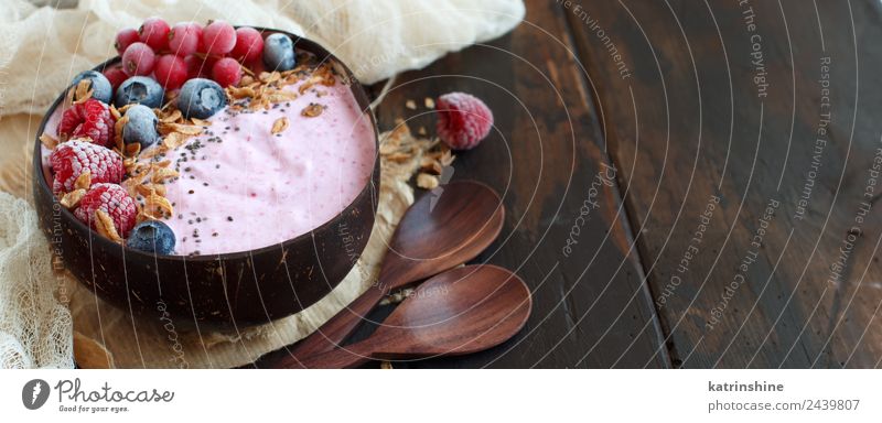 Wild berries smoothie bowl Yoghurt Fruit Dessert Nutrition Breakfast Vegetarian diet Diet Bowl Spoon Summer Fresh Pink Red White background Berries blended chia