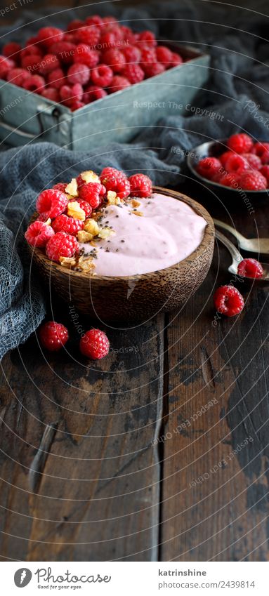 Raspberries smoothie bowls Yoghurt Fruit Dessert Nutrition Breakfast Vegetarian diet Diet Bowl Spoon Summer Fresh Pink Red White background Berries blended chia